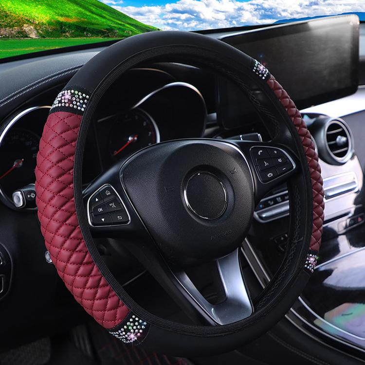 Quilted leather steering wheel cover with rhinestone trim, wine red