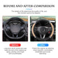 Steering wheel cover comparison: tan quilted cover with rhinestone trim on a steering wheel