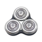 Three circular electric shaver foil heads in silver with black frame