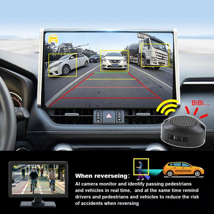 Car dashboard reverse view display with parking guidance lines and speaker buzzer