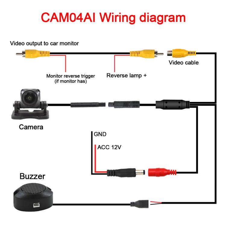 Reverse camera wiring diagram showing camera, video cable, and buzzer connections