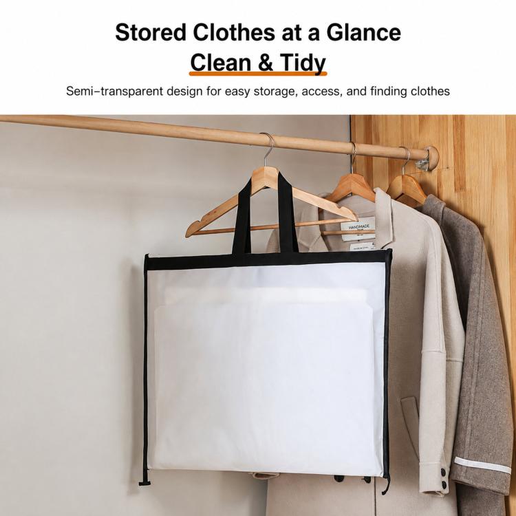 White storage bag with black handles and semi-sheer fabric panel for clothes