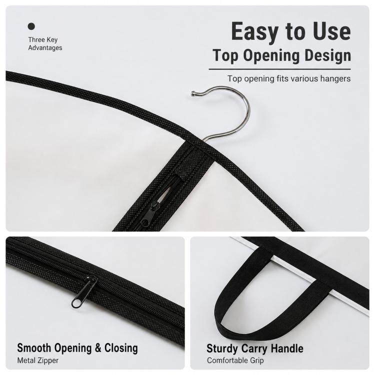 Black zipper top opening and sturdy carry handle for garment storage cover