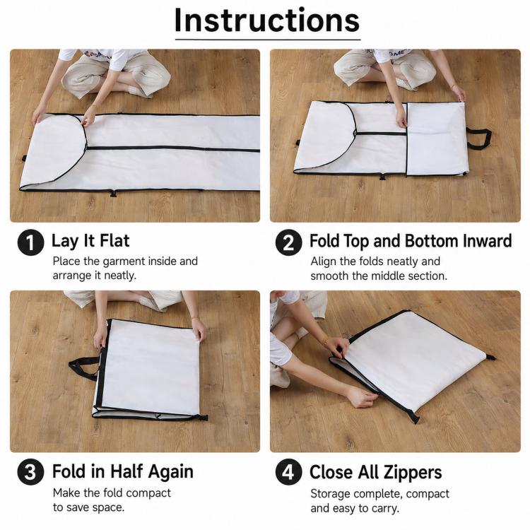 White foldable garment bag with zip closures and carry handles, folded flat