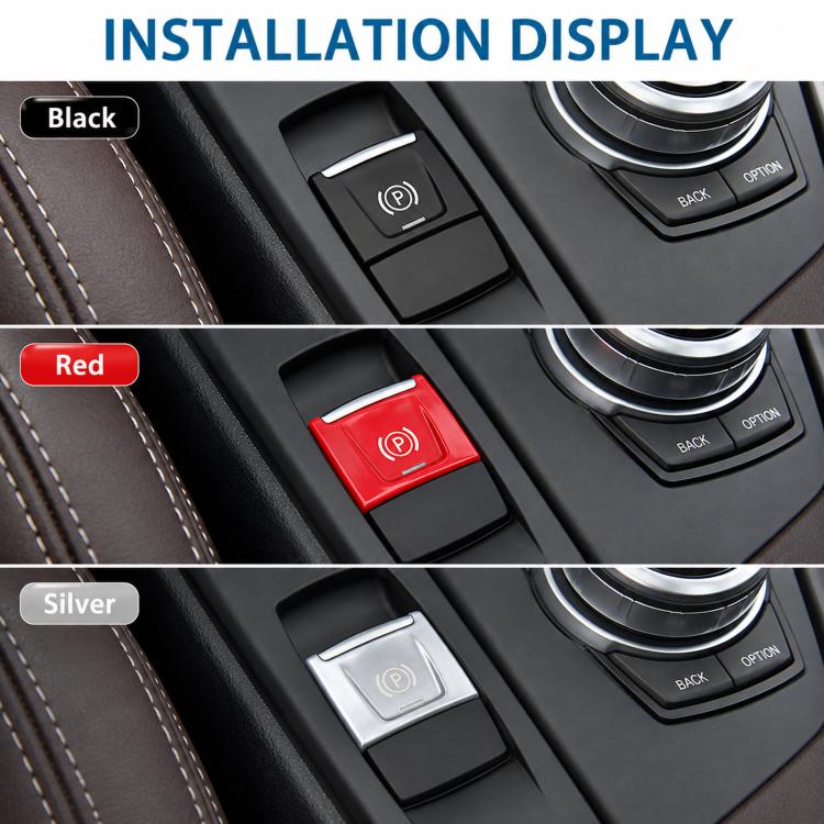 Electronic parking brake button replacements in black, red, and silver with P icon