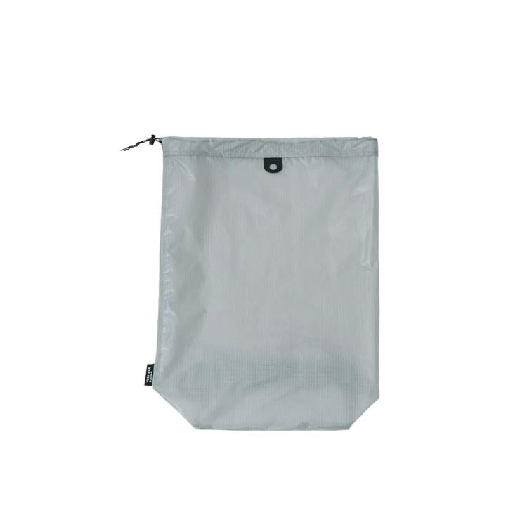 Waterproof drawstring shoe storage pouch in grey, front view with top grommet