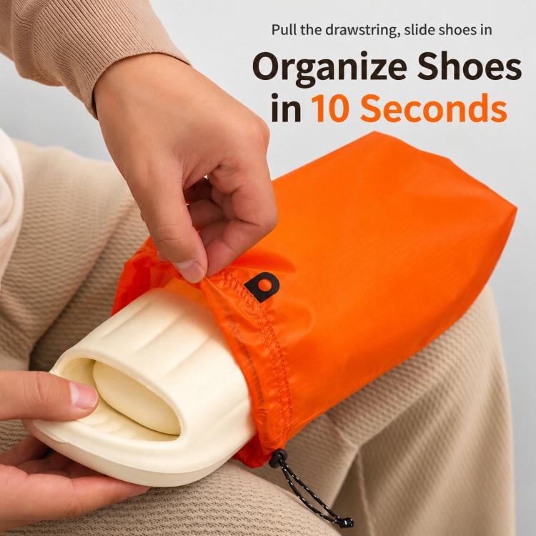 Waterproof drawstring shoe storage pouch in bright orange, hands pulling drawstring closed