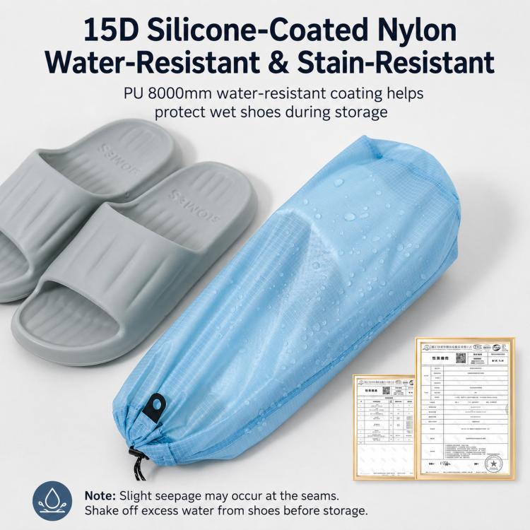 Waterproof drawstring slipper storage pouch, light blue with top grommet and pull cords