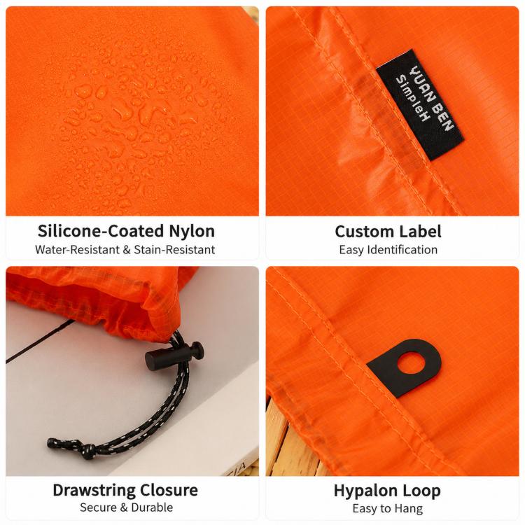 Silicone-coated nylon travel shoe bag in orange, drawstring closure with Hypalon loop