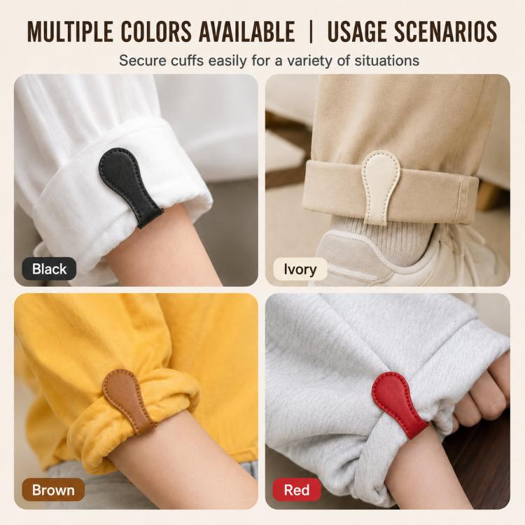 Leather-style magnetic hem clips in black, ivory, brown, and red