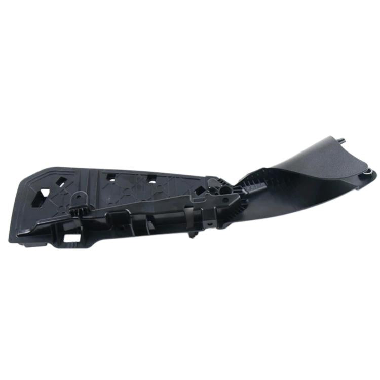 Black car seat side bracket cover panel, underside view with clips and slots