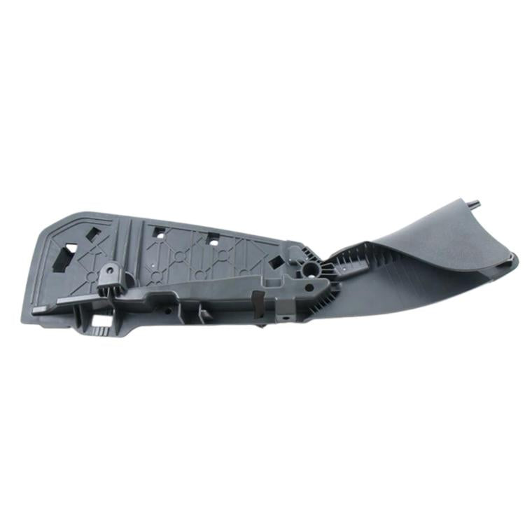 Gray car seat side bracket cover panel, underside with clips and mounting tabs