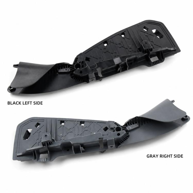 Pair of car seat side bracket covers: black left and gray right, plastic panels