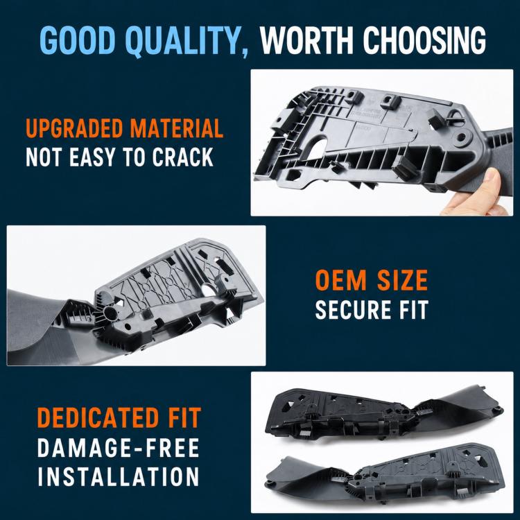 Car seat side bracket cover set, plastic trim panel shown from multiple angles