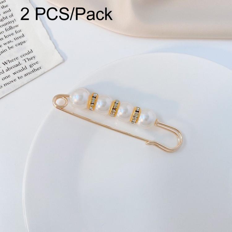 White pearl safety pin waist tightener clips with gold-tone accents, 2-pack