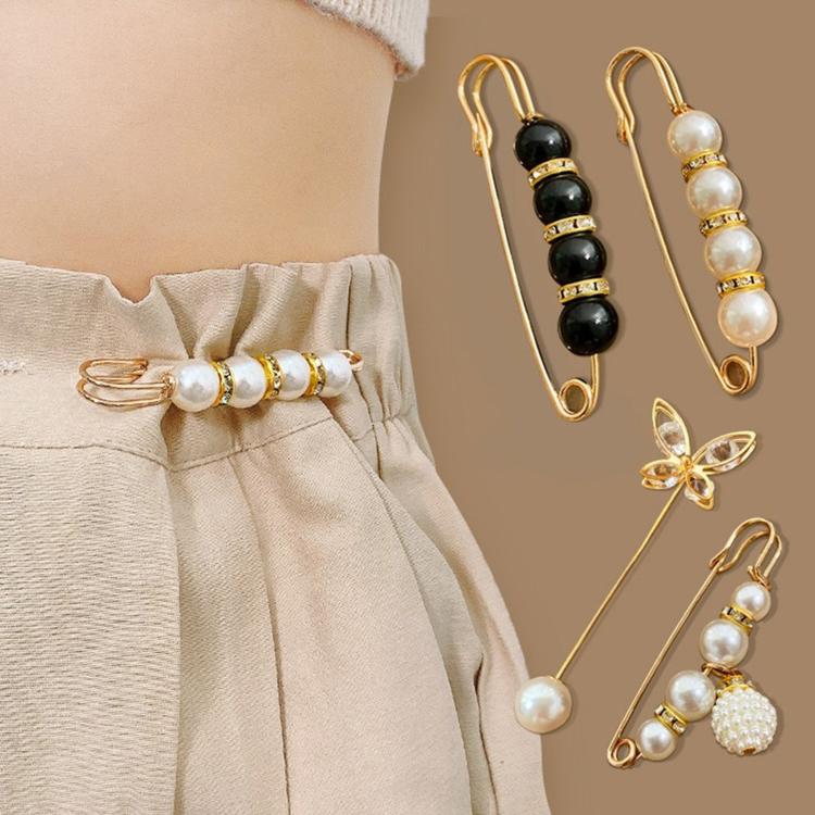 Assorted pearl safety pin waist tightener clips with gold-tone charms, set of 3