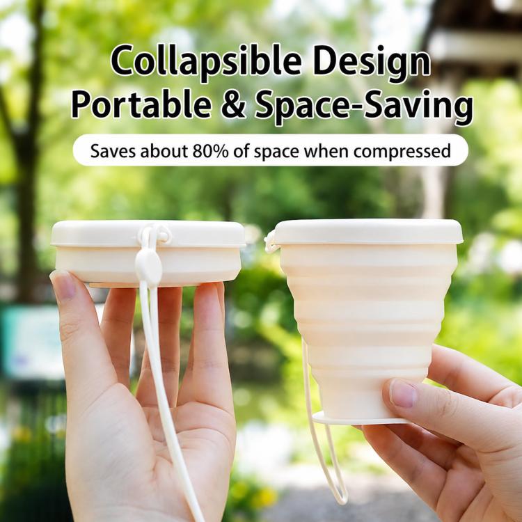 Two collapsible silicone travel cups, one compressed and one expanded, with lids and lanyards
