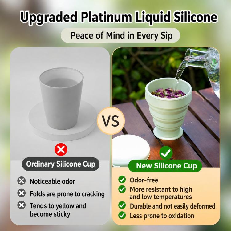 Mint green collapsible silicone cup with lid while water is poured in from above