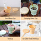 Set of collapsible silicone cups with lids and lanyards in mint and beige colors