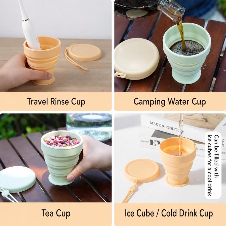 Set of collapsible silicone cups with lids and lanyards in mint and beige colors