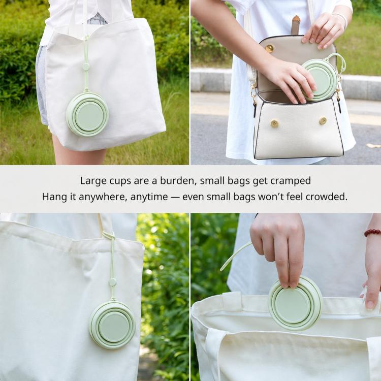 Collapsible silicone cup attached by lanyard to a bag for portable carrying