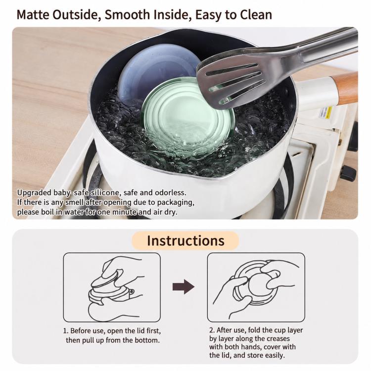 Collapsible silicone travel cup with lid and lanyard, sage green, shown open