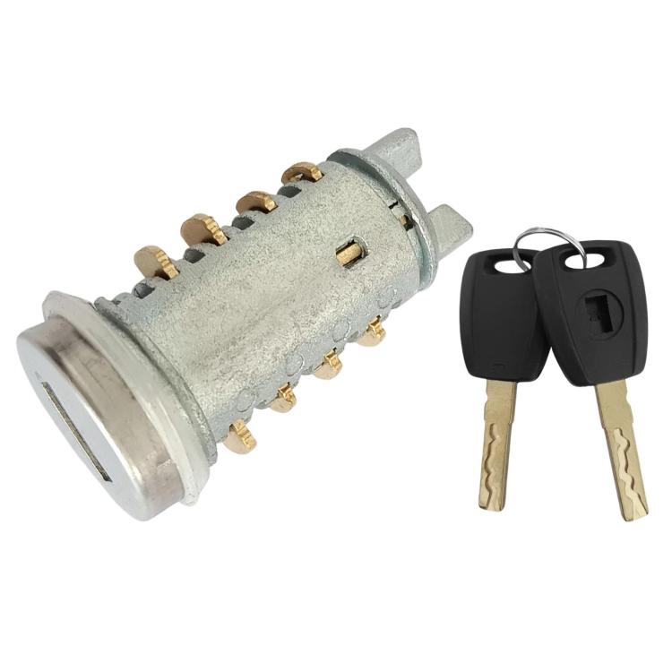 Door lock cylinder with keys, silver barrel with gold pins and black key fobs