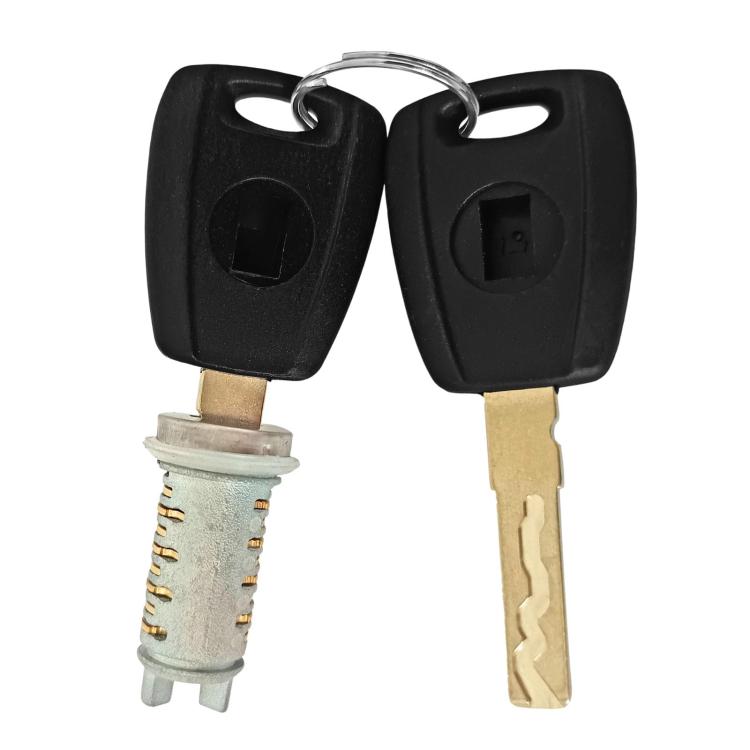 Door lock cylinder with two black keys, silver metal body and key ring