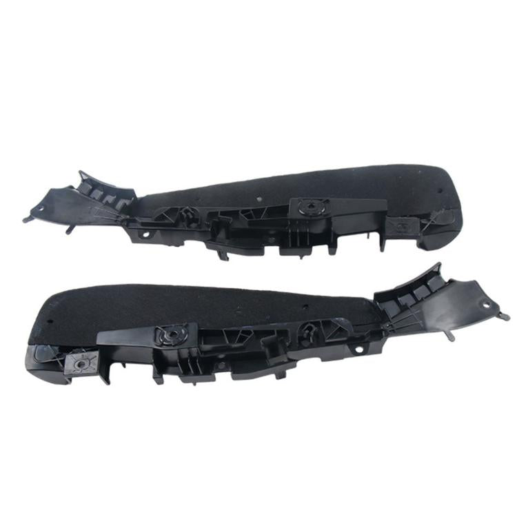 Two black seat side trim bracket covers with metal mounting pieces