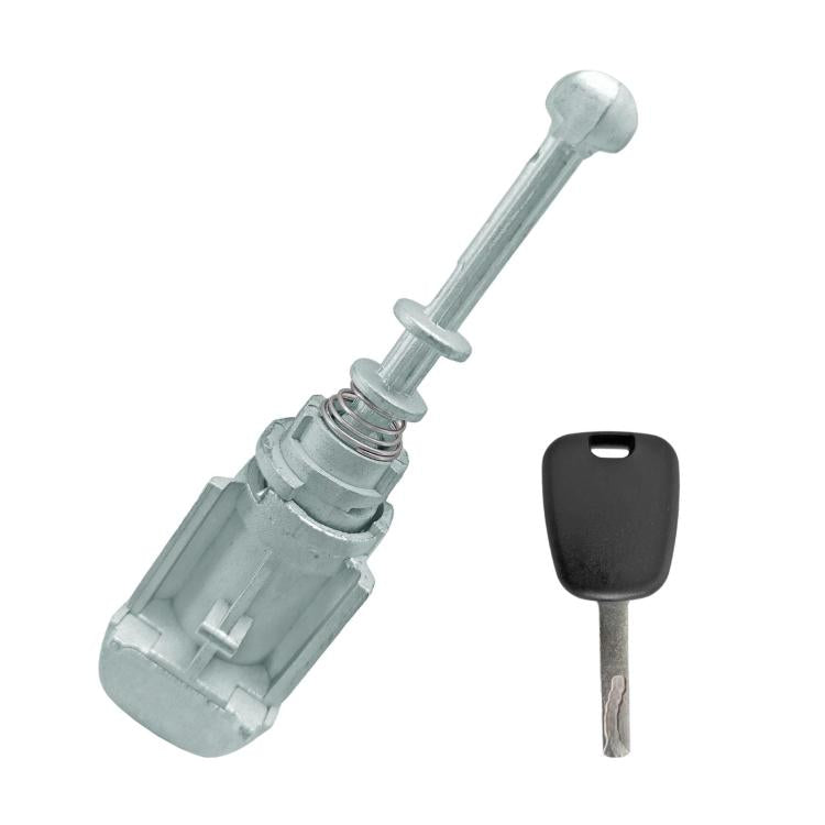 Left door lock cylinder with key, light gray housing and spring collar