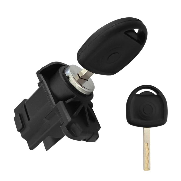 Car door lock cylinder with keys, black fob housing, and metal key blade