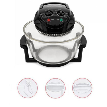 Black 20L countertop air fryer with clear glass cooking bowl and top control panel