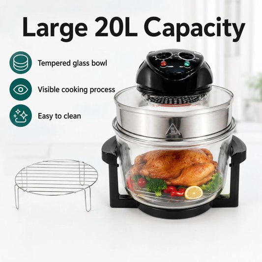 20L air fryer with clear glass bowl heating roast chicken and vegetables