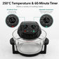 Black air fryer with clear glass bowl, temperature dial, and 60-minute timer knobs