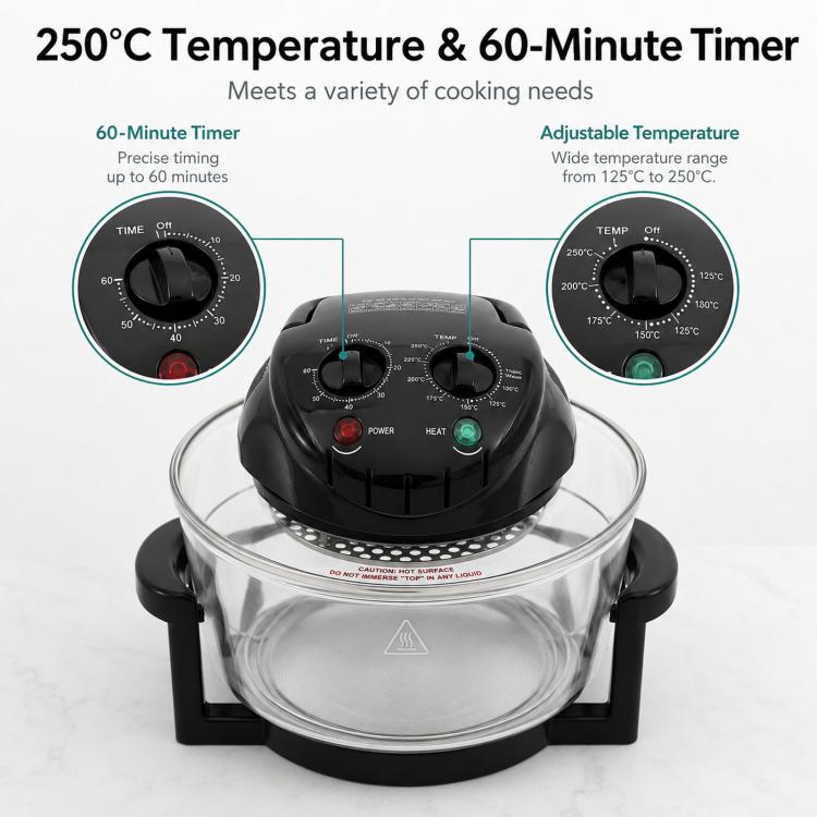 Black air fryer with clear glass bowl, temperature dial, and 60-minute timer knobs