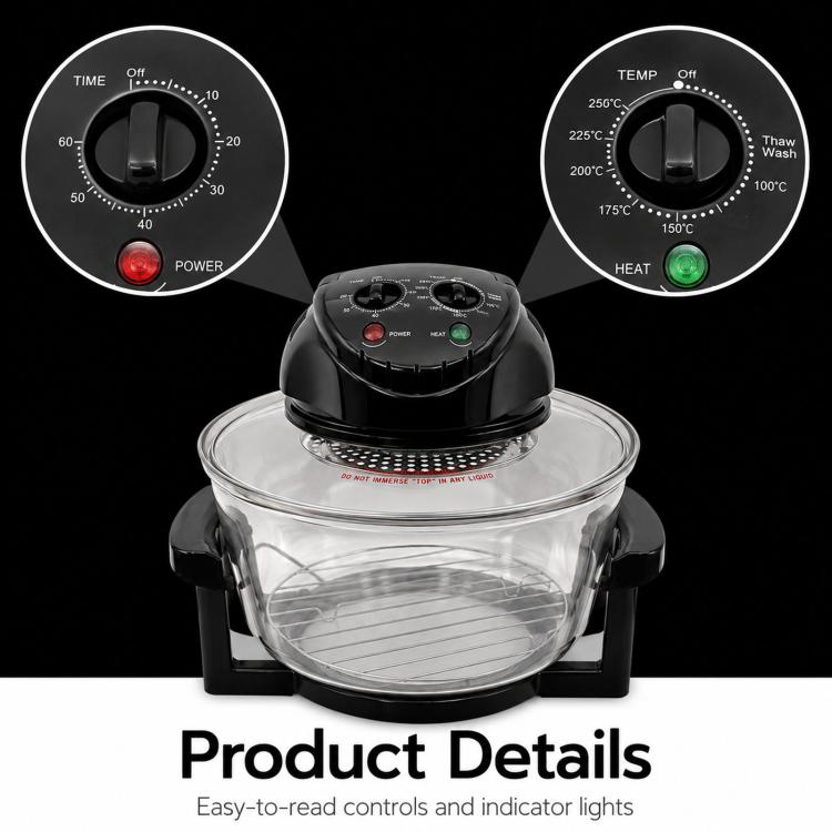Countertop air fryer with clear glass bowl and top dials with indicator lights