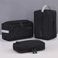 Black mens toiletry bag set: two zip pouches with handles and a small flat pouch