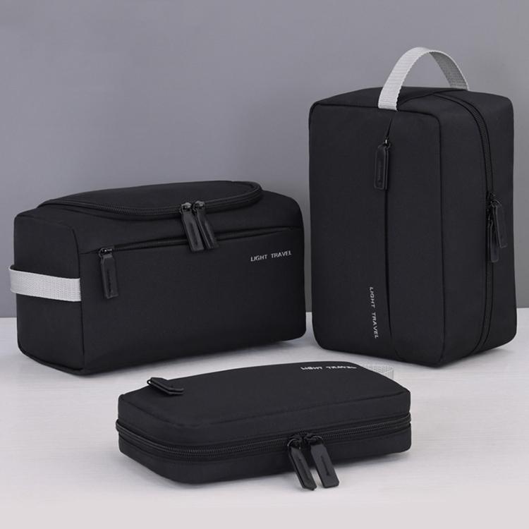 Black mens toiletry bag set: two zip pouches with handles and a small flat pouch