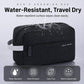 Black water-resistant travel toiletry bag with water droplets and front zipper