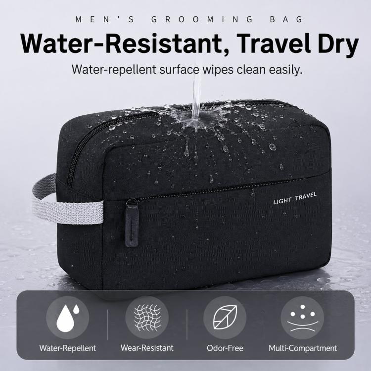 Black water-resistant travel toiletry bag with water droplets and front zipper