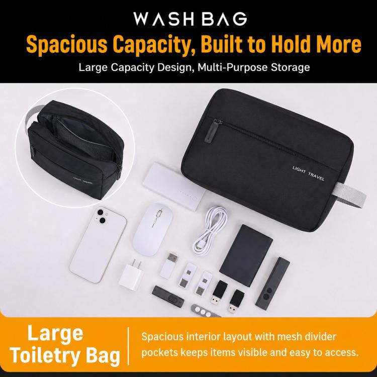 Large black water-resistant toiletry bag with interior mesh divider and pockets