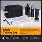 Small black water-resistant toiletry bag with zippered front compartment