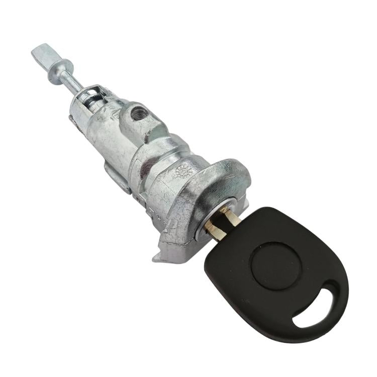 Car door lock cylinder with black key fob attached on metal body
