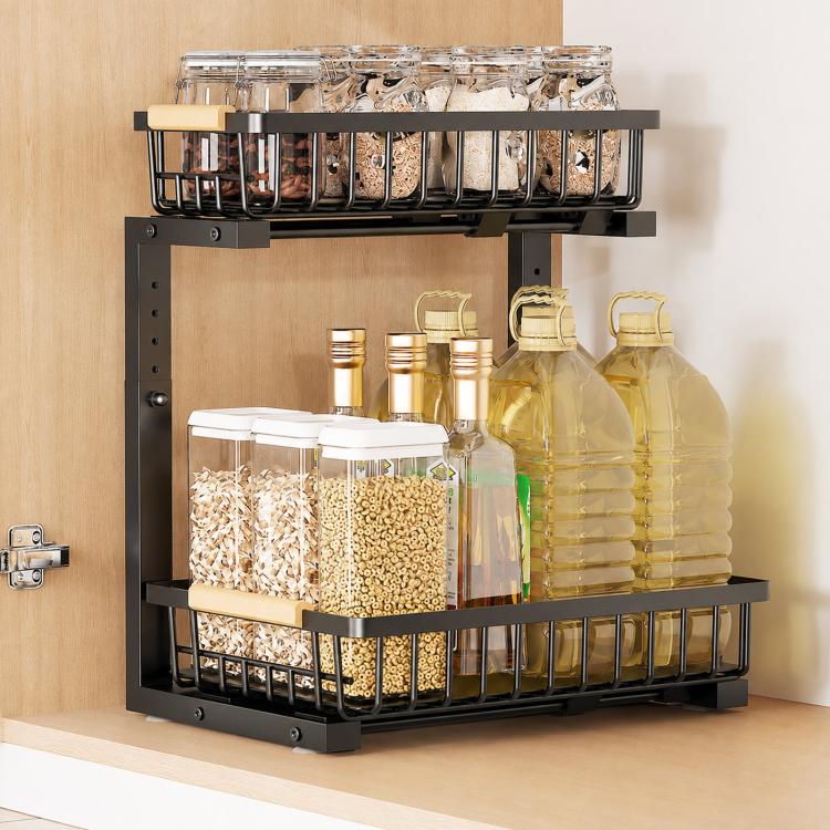 Under Sink Organizer Height Adjustable Sliding Cabinet Storage Drawer Rack