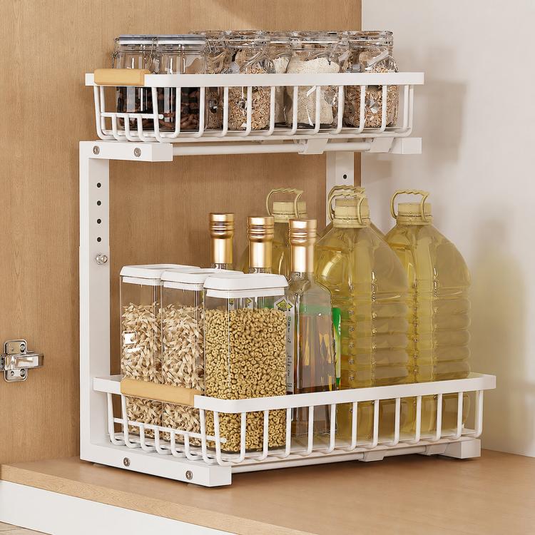 Under Sink Organizer Height Adjustable Sliding Cabinet Storage Drawer Rack