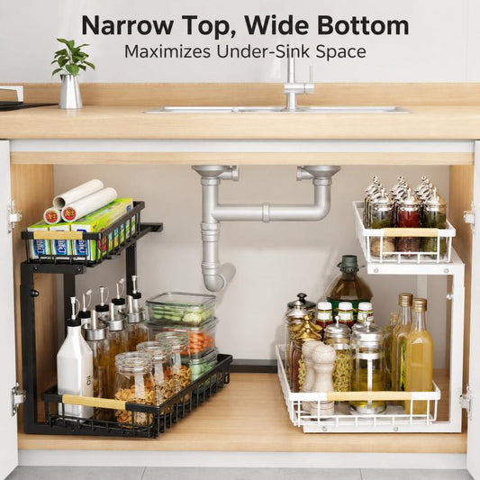 Under-sink cabinet organizer with two sliding tiers for bottles and jars