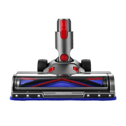 Motorized vacuum cleaner head attachment with transparent roller window and red accents