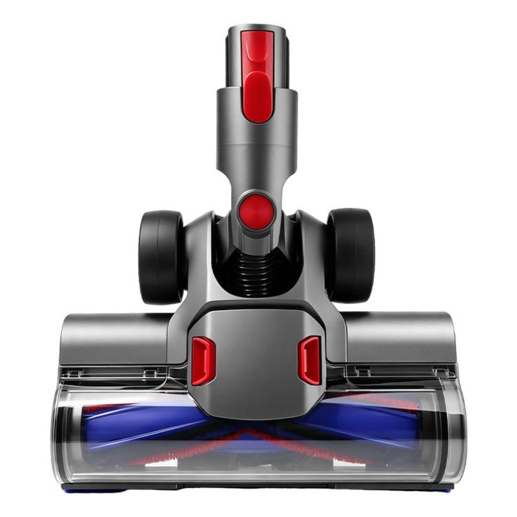 Motorized floor brush cleaner head with dual wheels, transparent dust chamber, red details