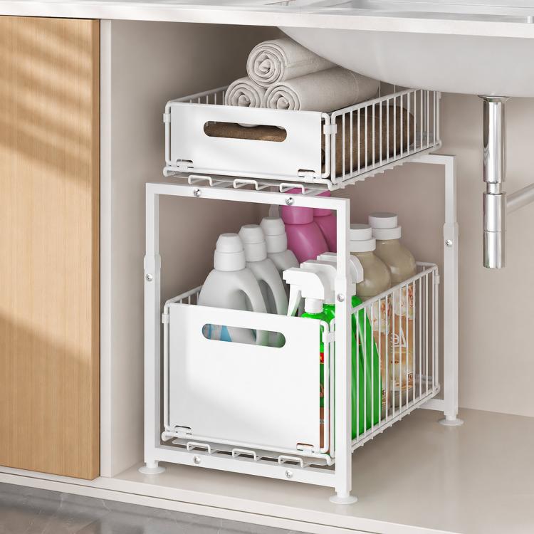 2 Tier Under Sink Organizer Height Adjustable Pull Out Cabinet Drawer Storage Rack