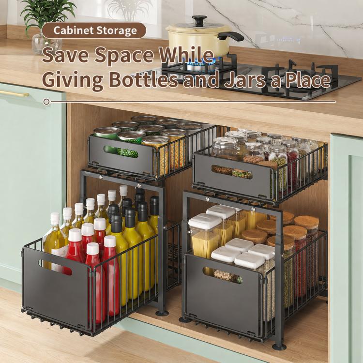 2 Tier Under Sink Organizer Height Adjustable Pull Out Cabinet Drawer Storage Rack